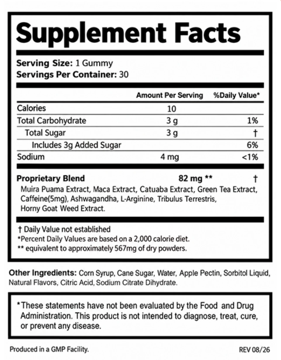 Soda Horse Peak Supplement Facts panel: Proprietary Blend 82 mg — Muira Puama Extract, Maca Extract, Catuaba Extract, Green Tea Extract, Caffeine (5 mg), Ashwagandha, L-Arginine, Tribulus Terrestris, Horny Goat Weed Extract